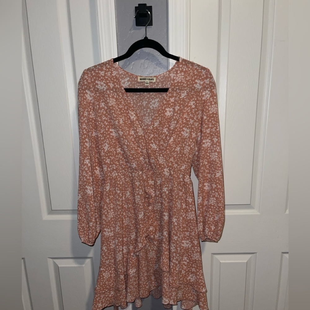 Peach Long Sleeve Floral Dress